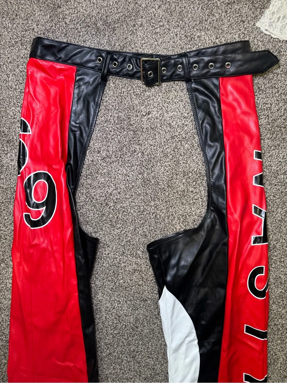 Red & Black Wide-Leg Faux Leather Chaps - Women's Statement Pants